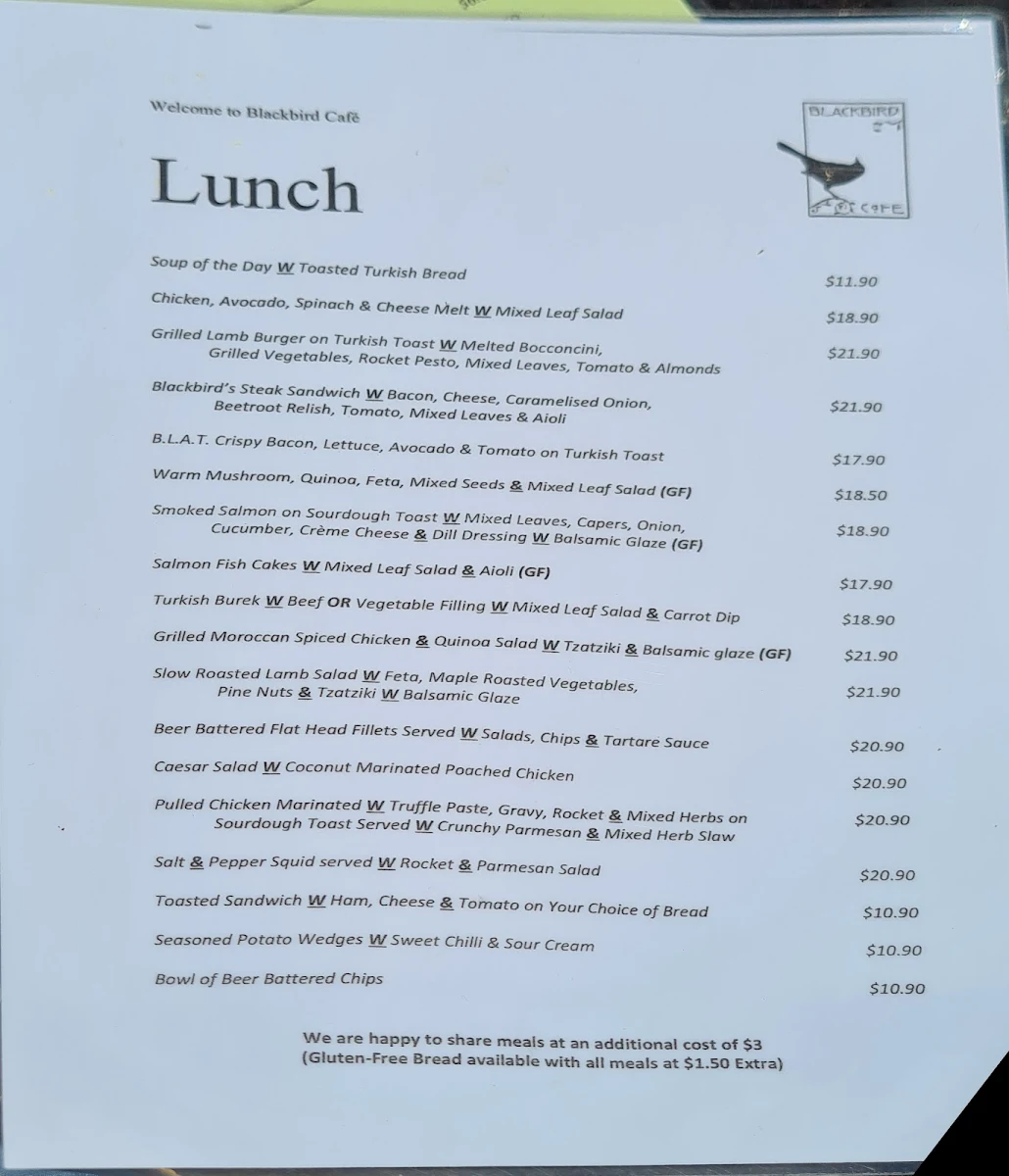 Menu, Blackbird Cafe