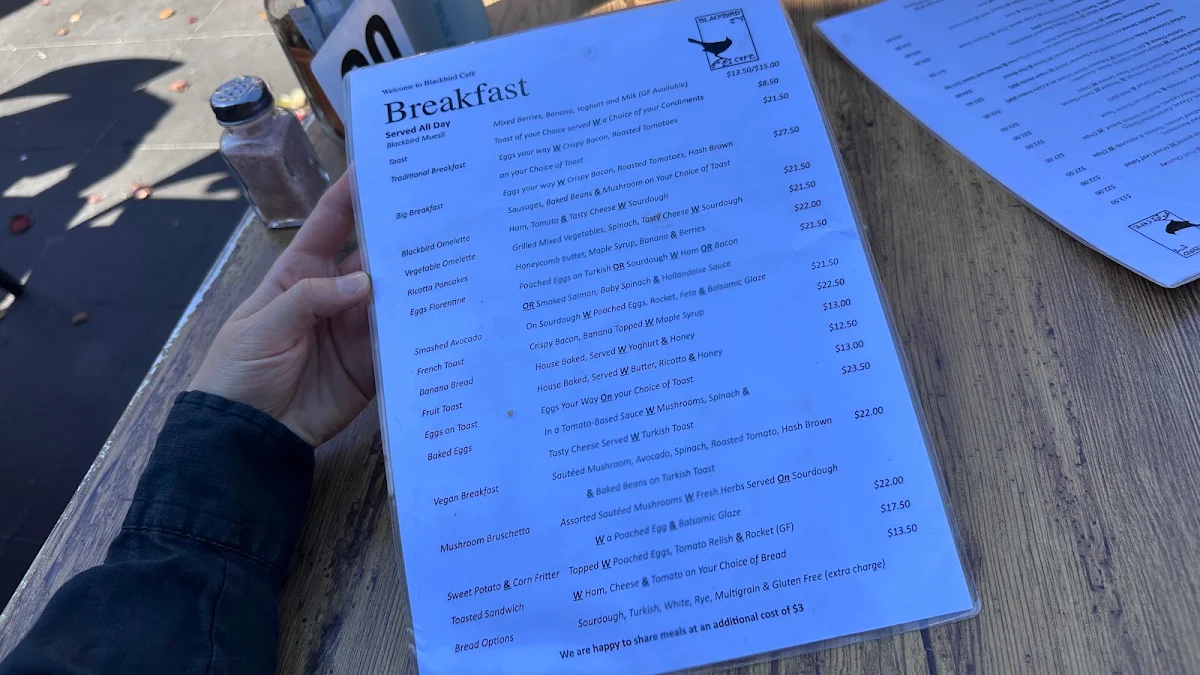 Menu, Blackbird Cafe