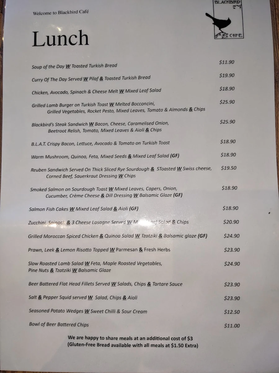 Menu, Blackbird Cafe