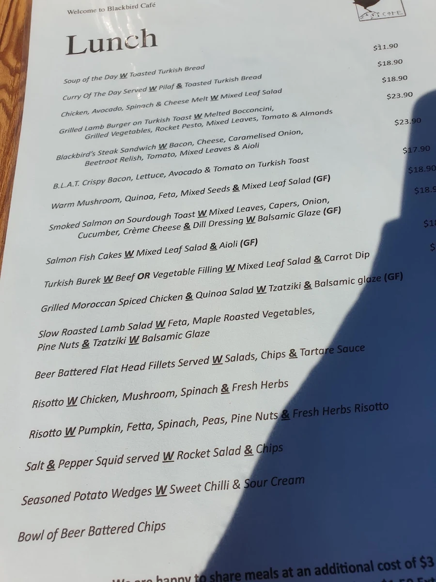 Menu, Blackbird Cafe
