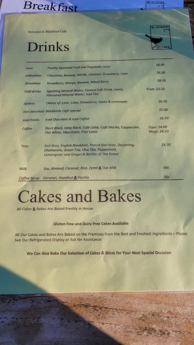 Menu, Blackbird Cafe