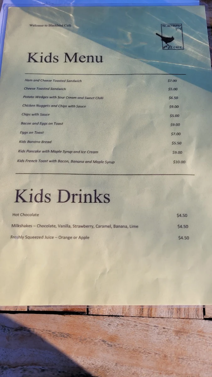 Menu, Blackbird Cafe