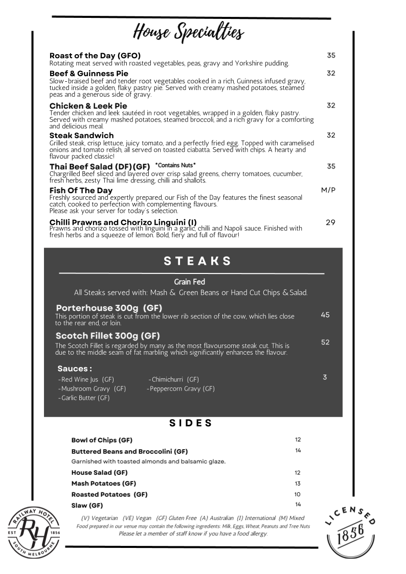 Menu, Railway Hotel South Melbourne