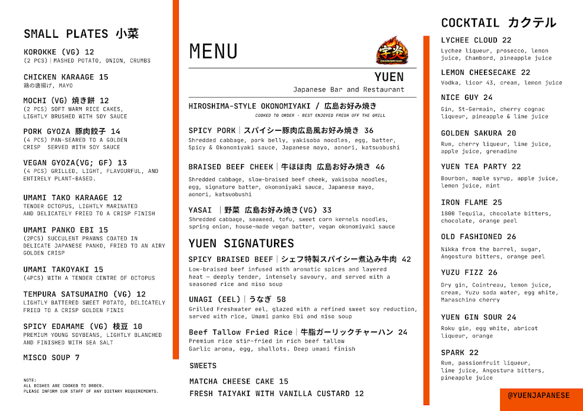 Menu, YUEN Japanese Restaurant