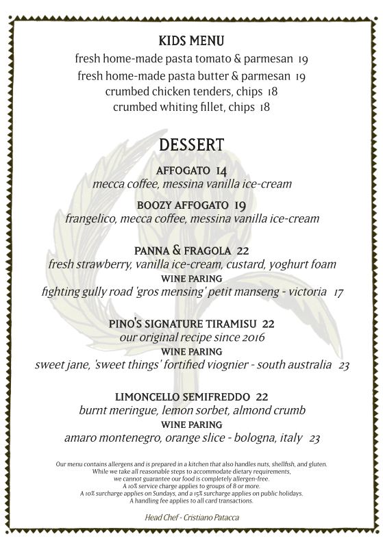 Menu, Pino's Vino e Cucina al Mare (the original)