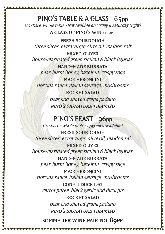 Menu, Pino's Vino e Cucina al Mare (the original)