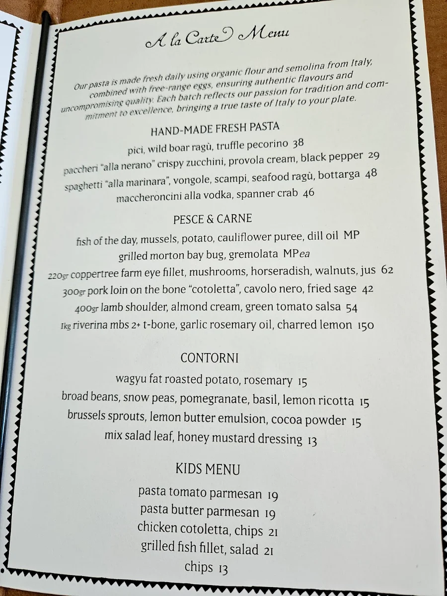 Menu, Pino's Vino e Cucina al Mare (the original)