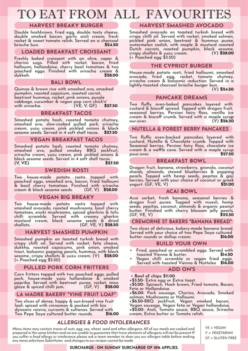 Menu, Harrow and Harvest Cafe