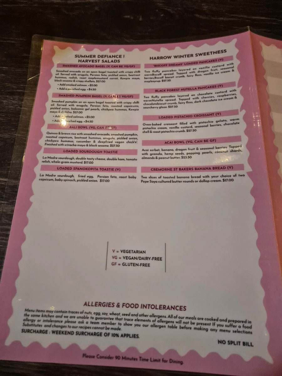 Menu, Harrow and Harvest Cafe