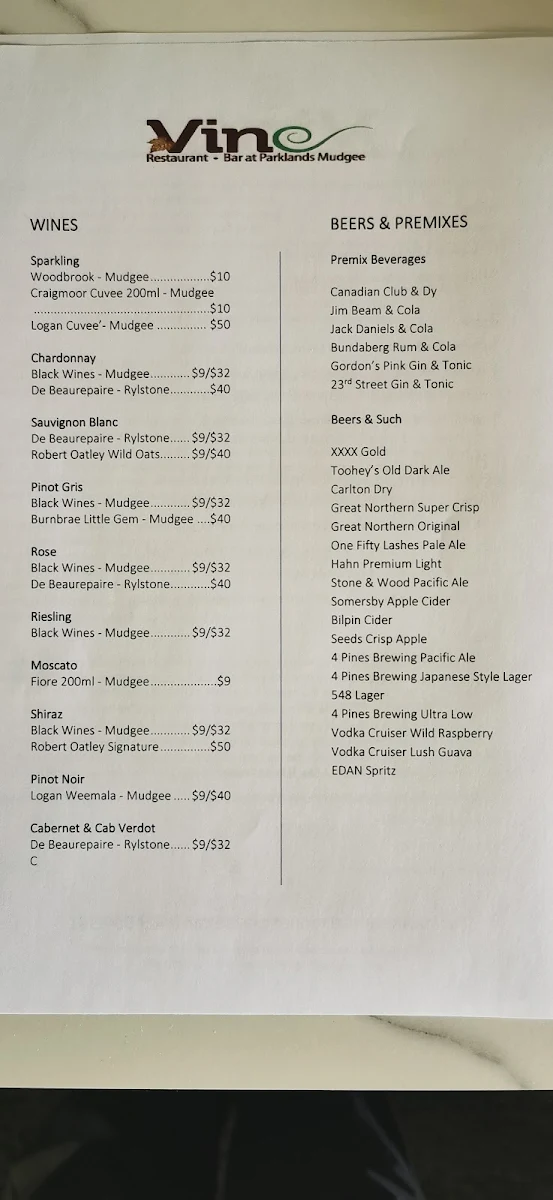 Menu, Vine Restaurant