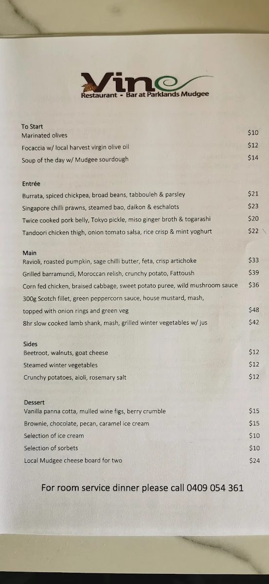 Menu, Vine Restaurant