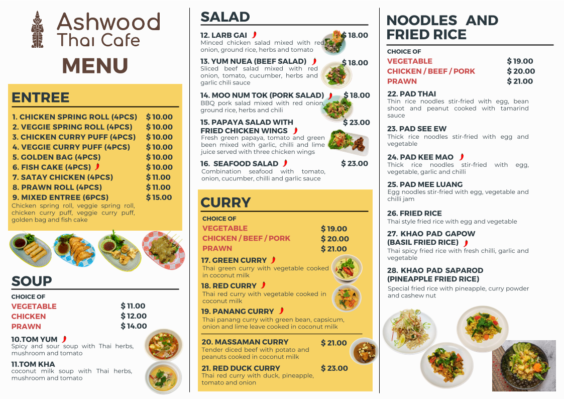 Menu, Ashwood Thai Cafe