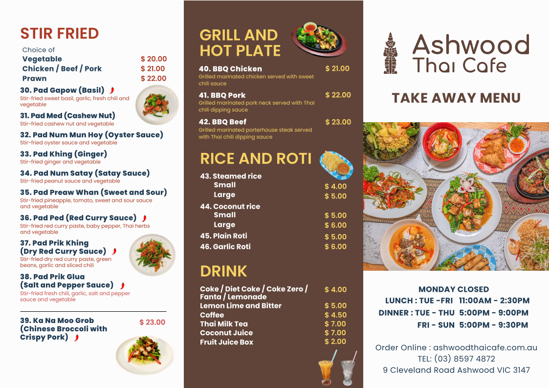 Menu, Ashwood Thai Cafe