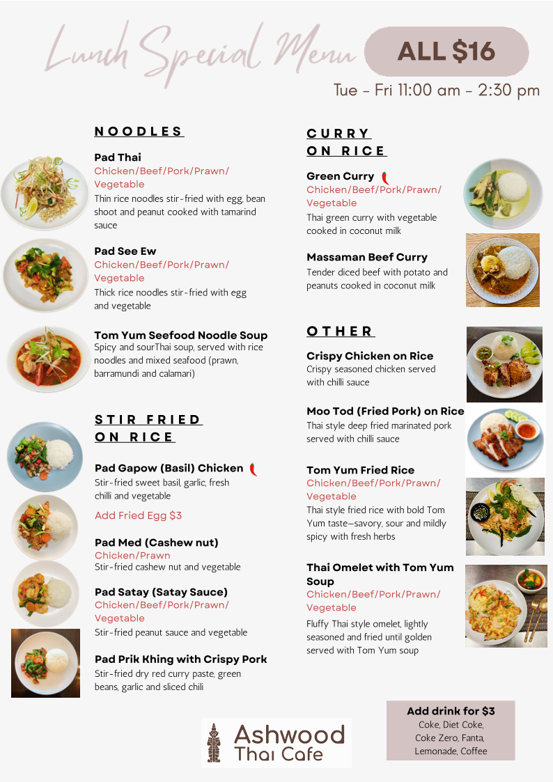 Menu, Ashwood Thai Cafe