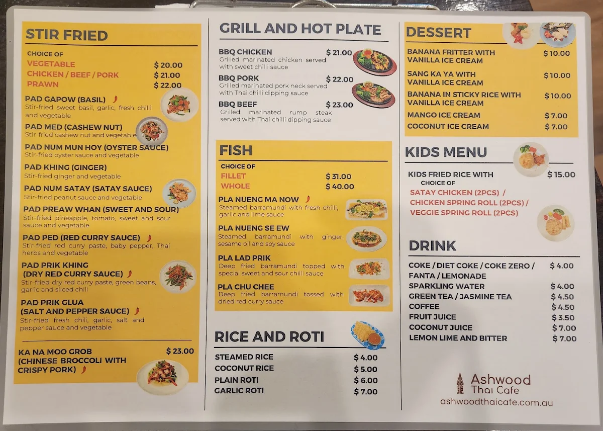 Menu, Ashwood Thai Cafe