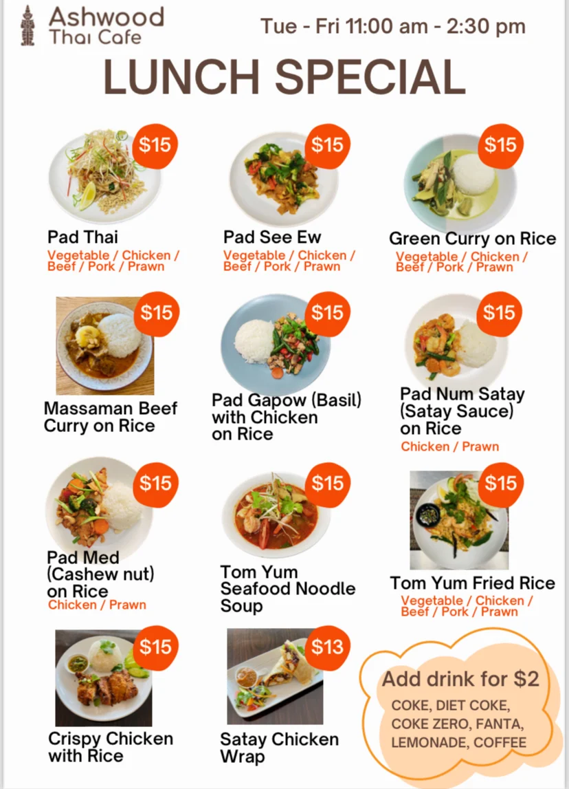 Menu, Ashwood Thai Cafe