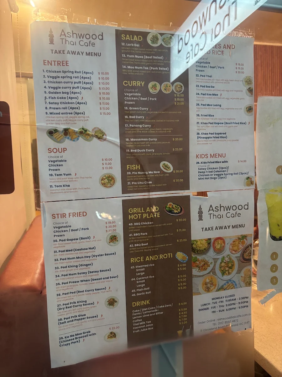 Menu, Ashwood Thai Cafe