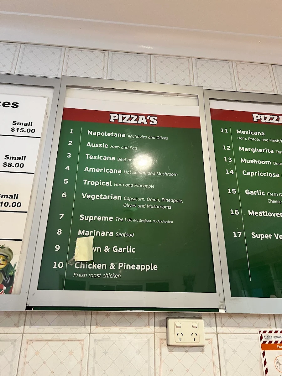 Menu, Tony's Pizza