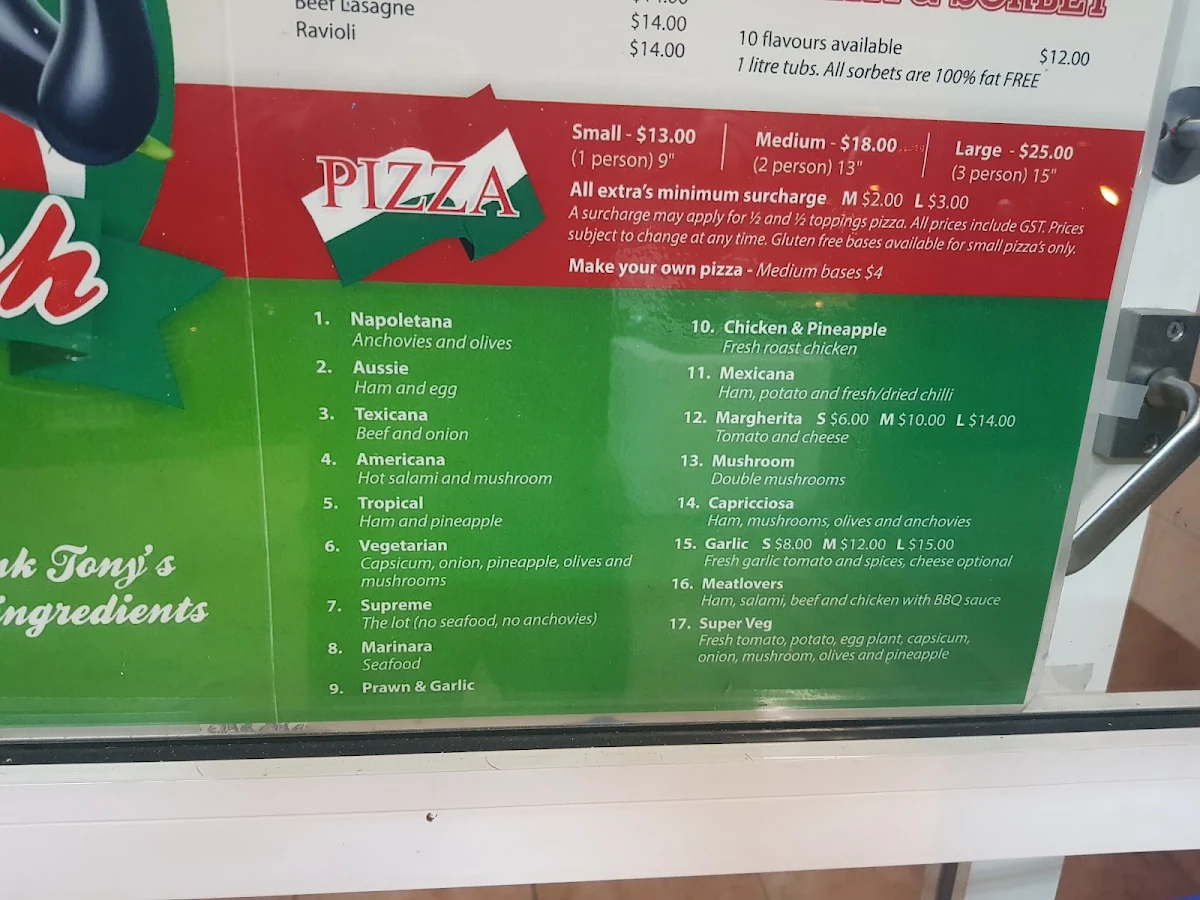 Menu, Tony's Pizza