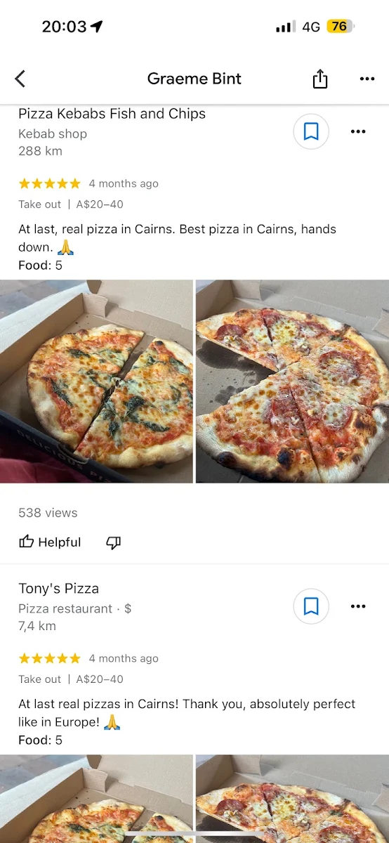 Menu, Tony's Pizza