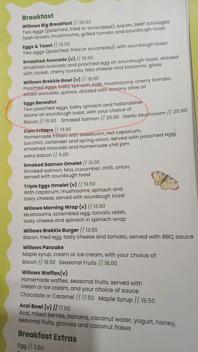 Menu, The Willows cafe