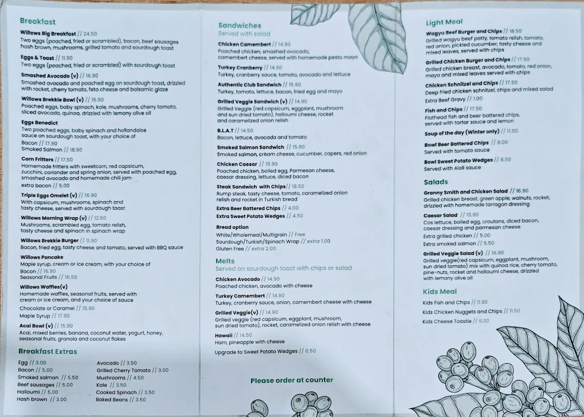 Menu, The Willows cafe