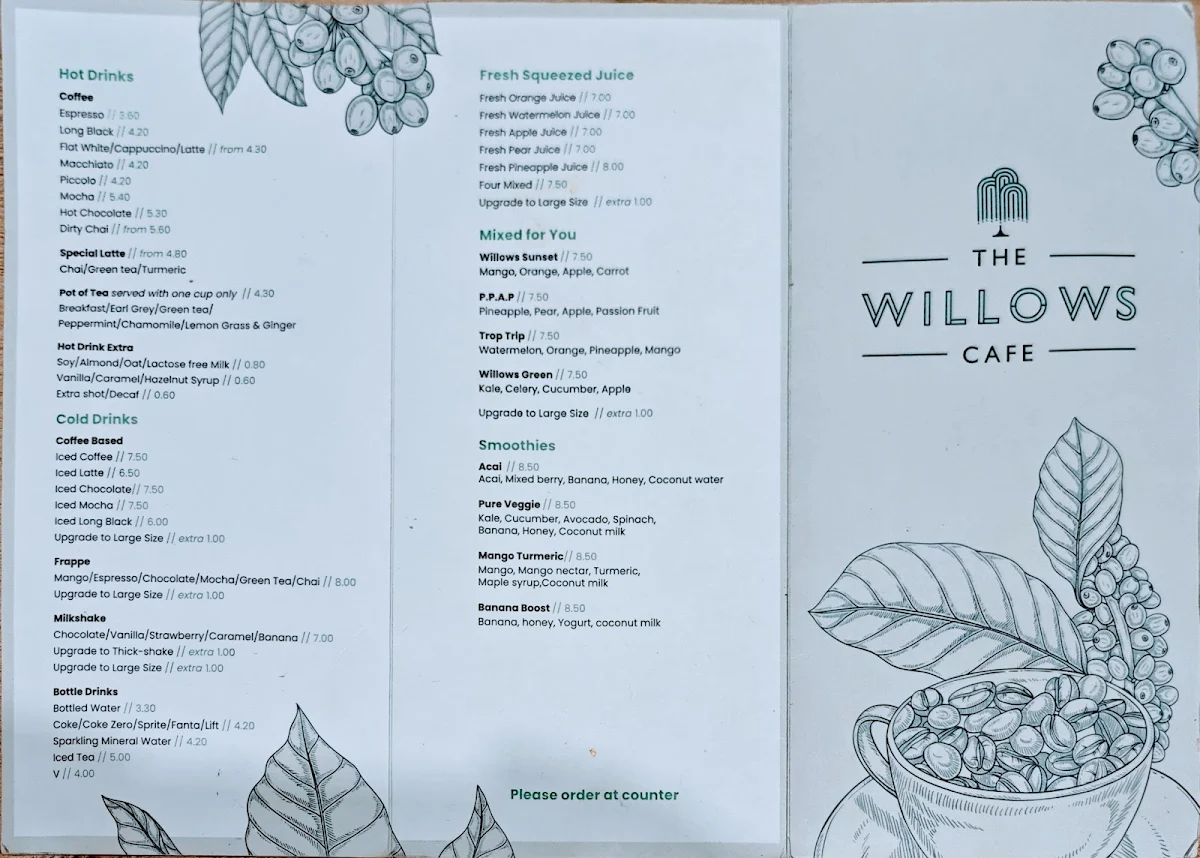 Menu, The Willows cafe