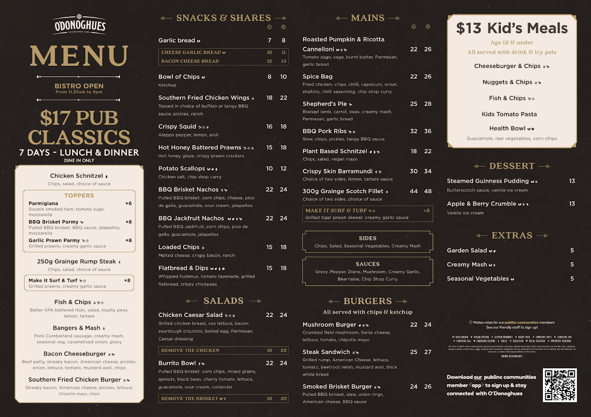 Menu, O'Donoghues Pub