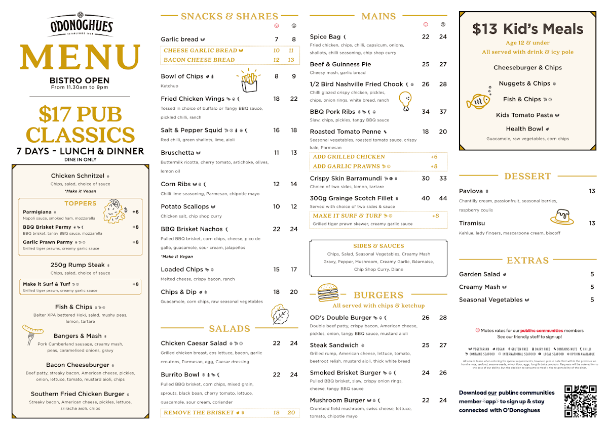 Menu, O'Donoghues Pub