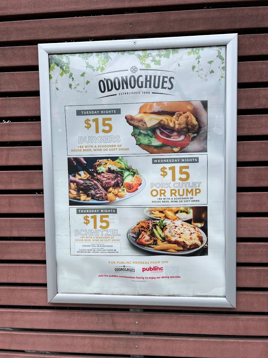 Menu, O'Donoghues Pub