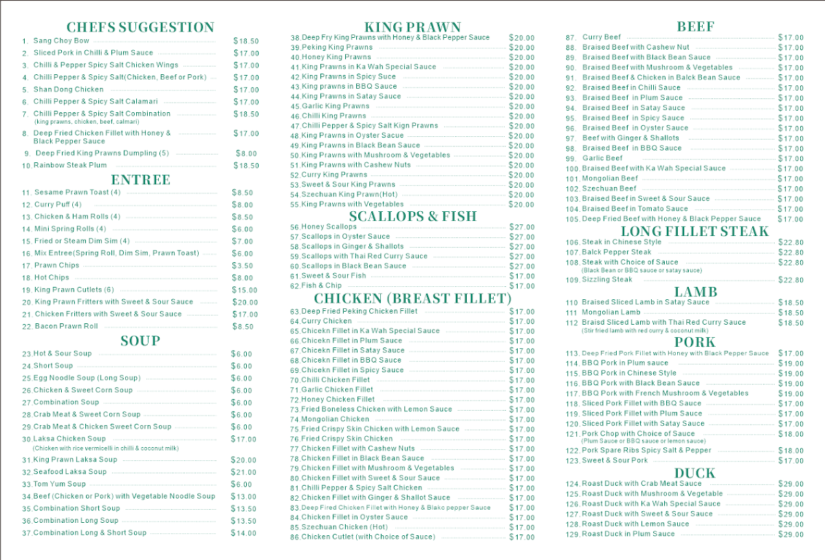 Menu, Ka Wah Chinese Restaurant