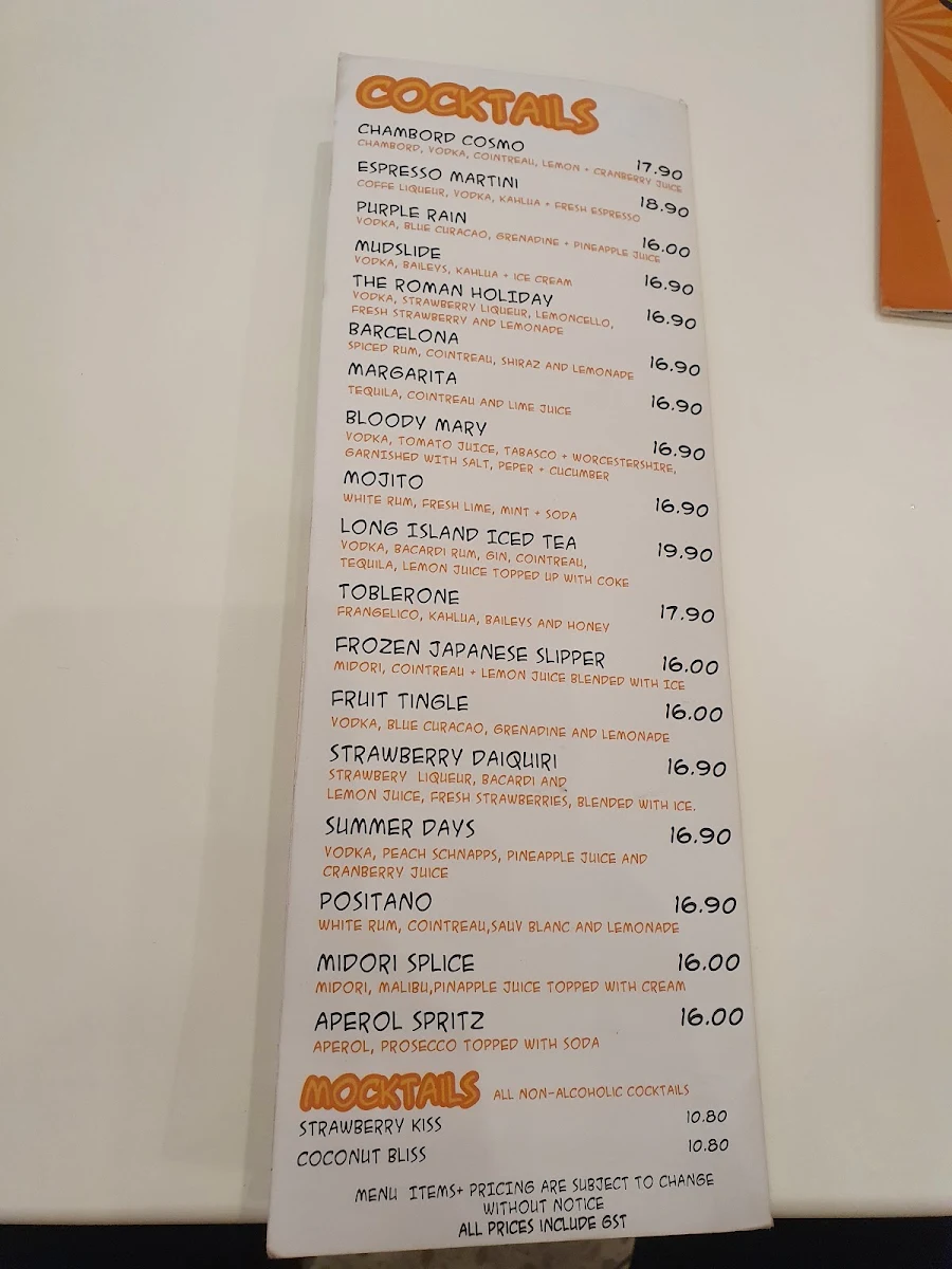 Menu, Lazy Moes Shepparton