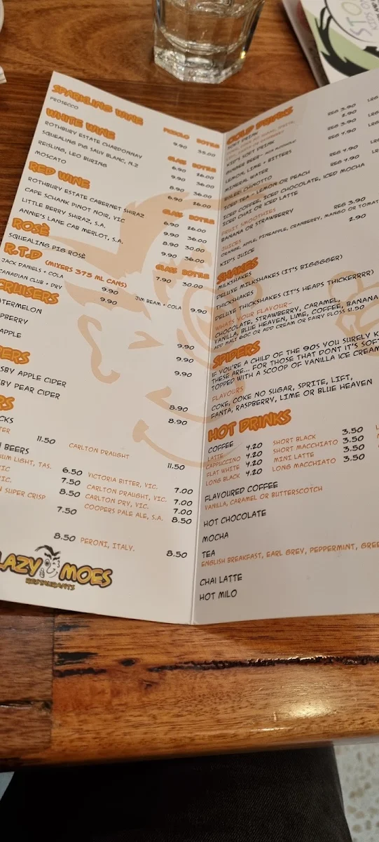 Menu, Lazy Moes Shepparton