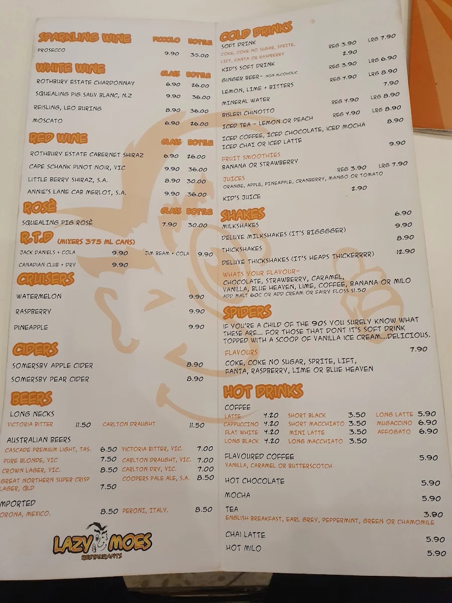Menu, Lazy Moes Shepparton
