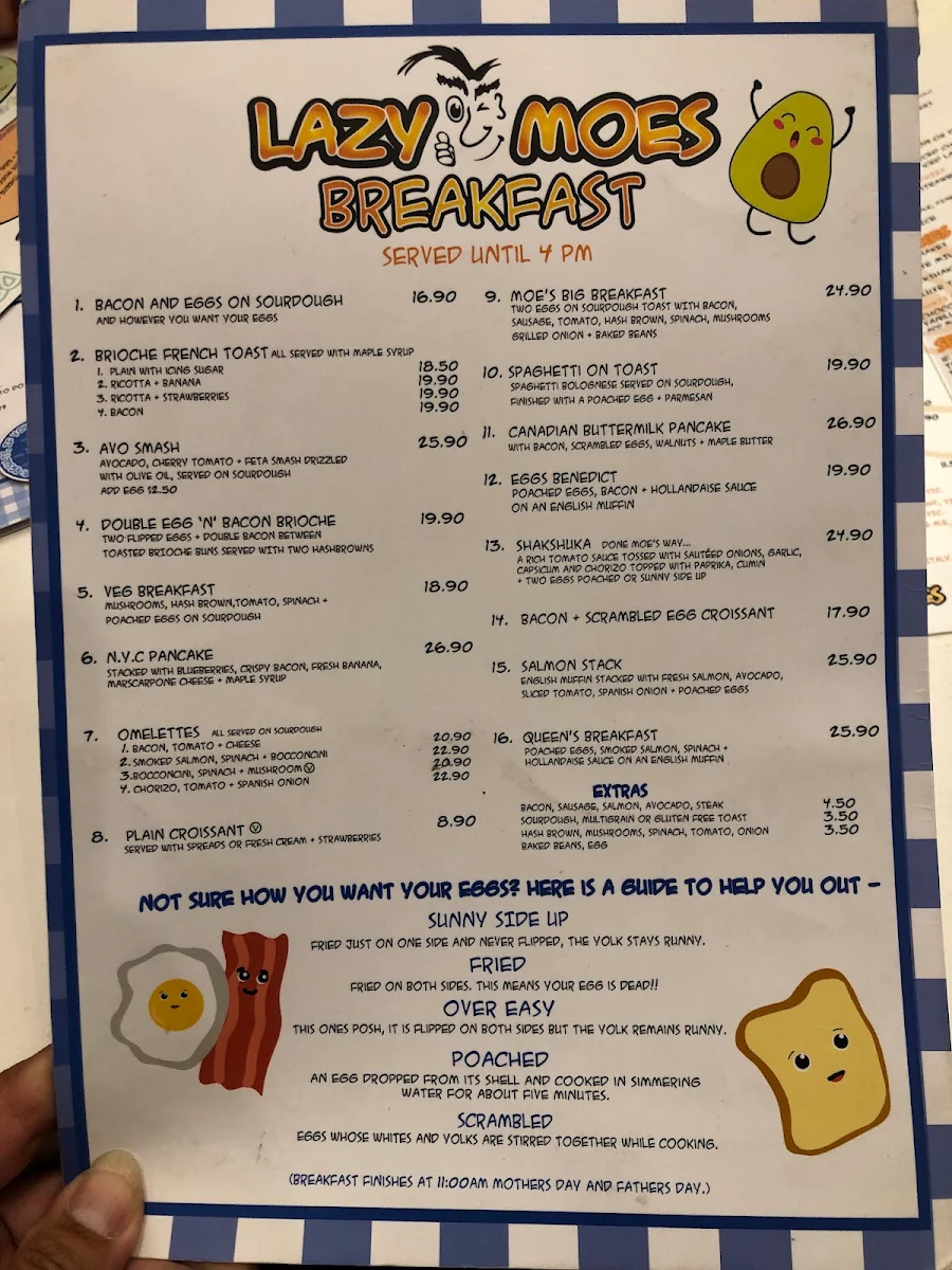Menu, Lazy Moes Shepparton