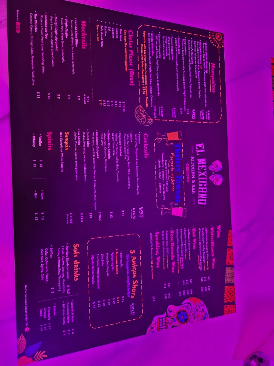 Menu, EL Mexicano Geelong