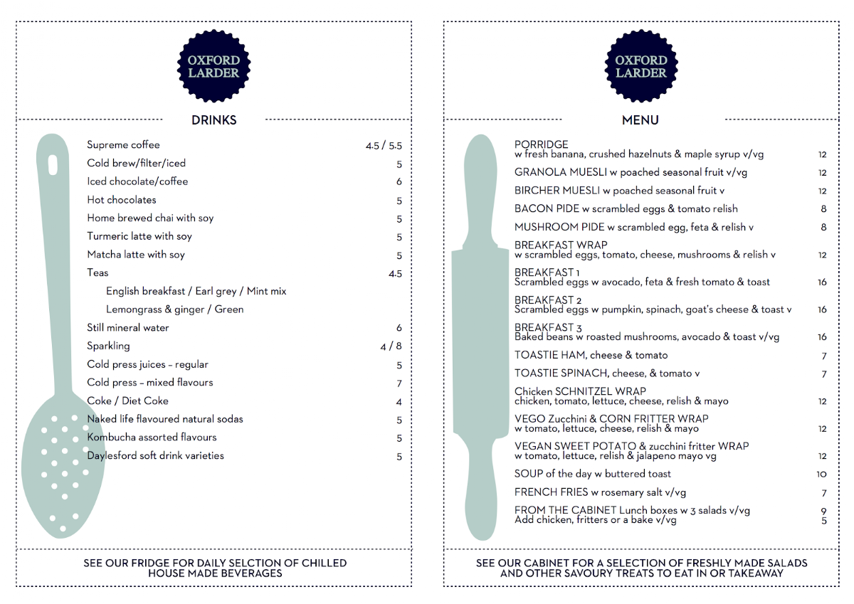 Menu, Oxford Larder