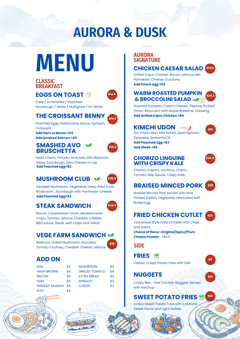 Menu, Aurora & Dusk cafe bistro