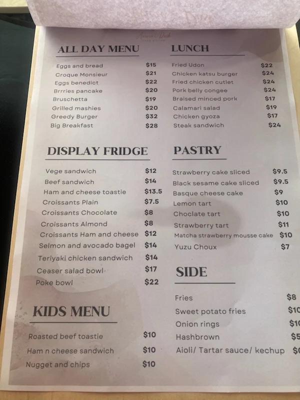 Menu, Aurora & Dusk cafe bistro