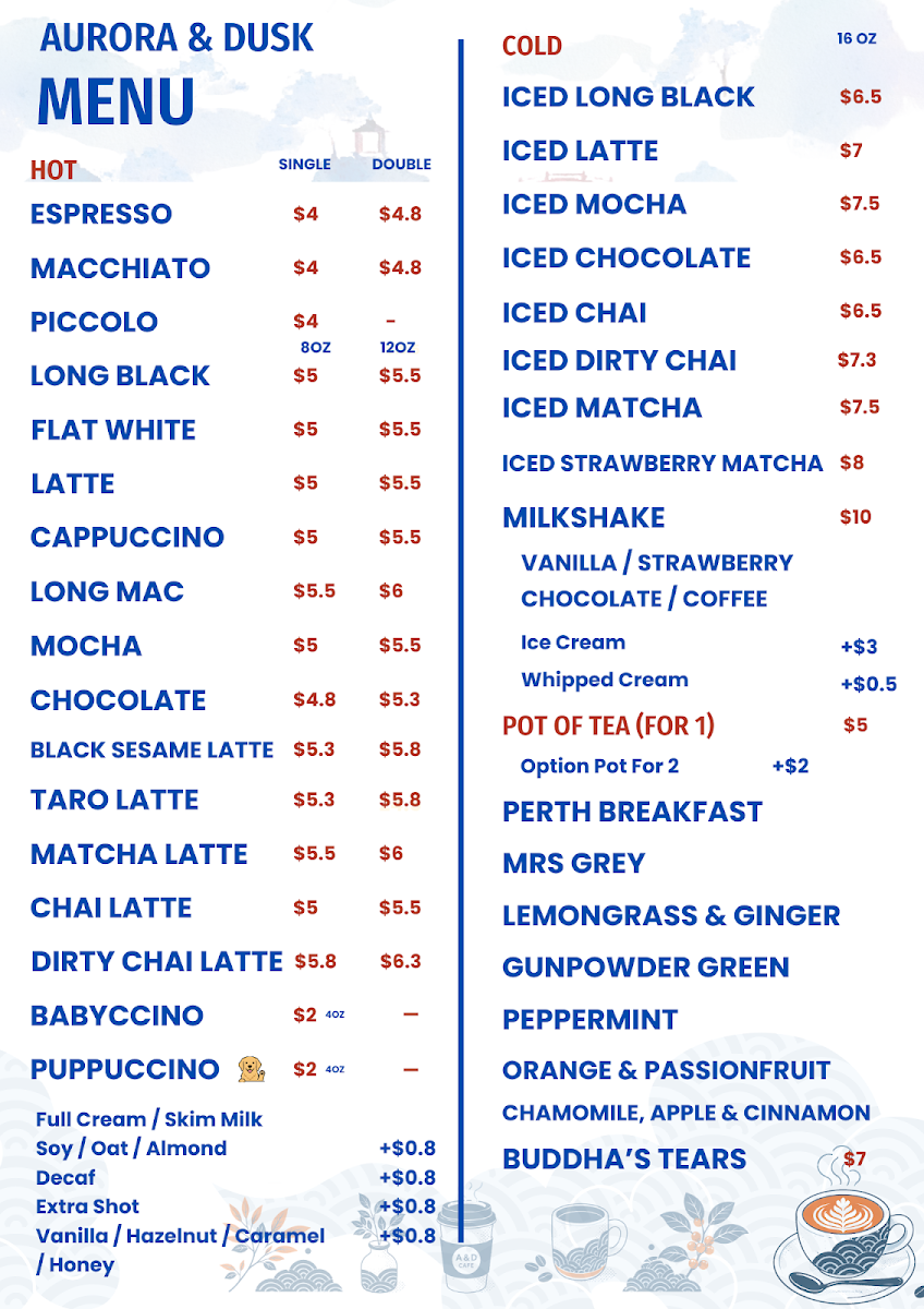 Menu, Aurora & Dusk cafe bistro