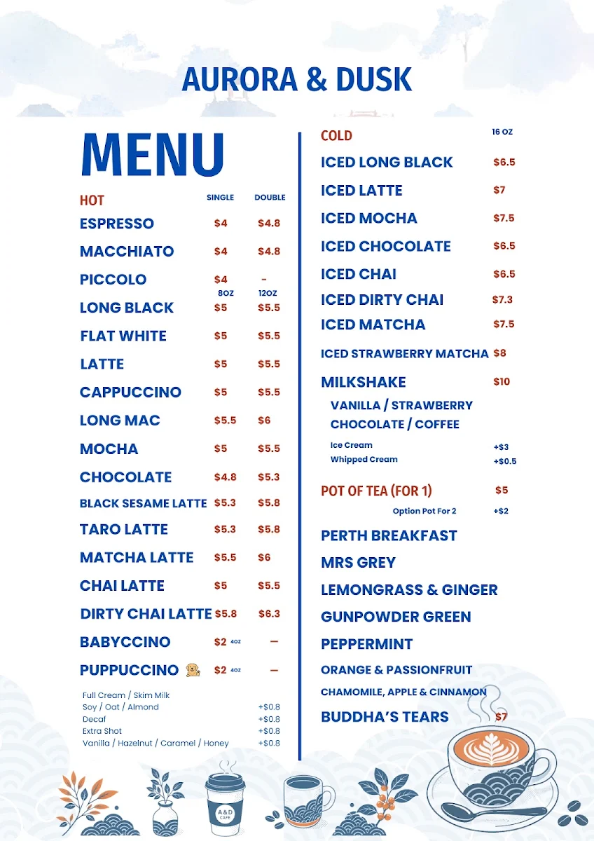 Menu, Aurora & Dusk cafe bistro