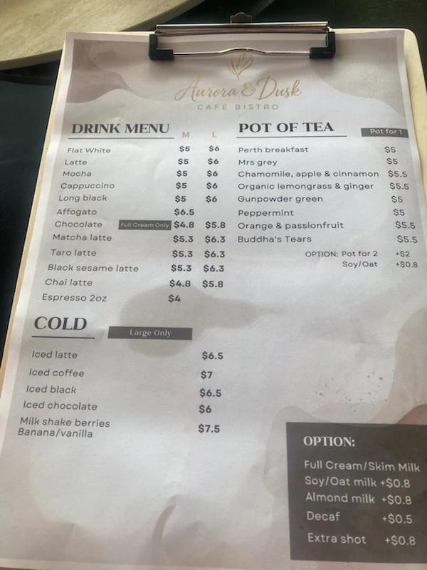 Menu, Aurora & Dusk cafe bistro