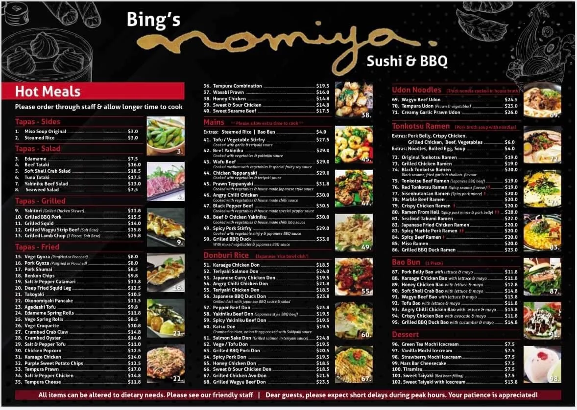 Menu, Bing’s Nomiya