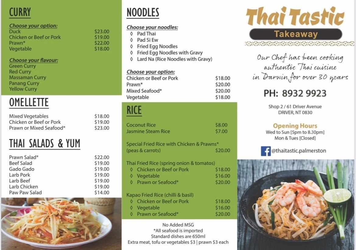 Menu, Thai Tastic