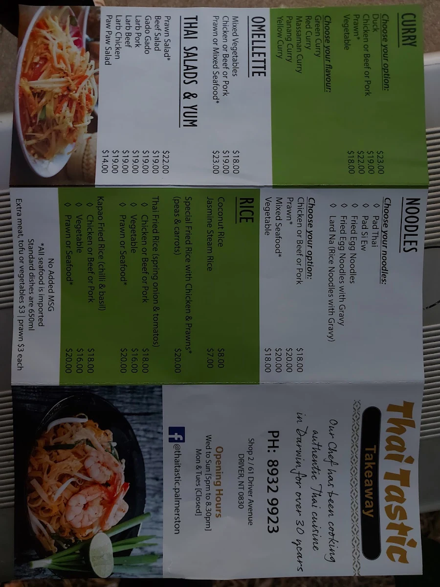 Menu, Thai Tastic