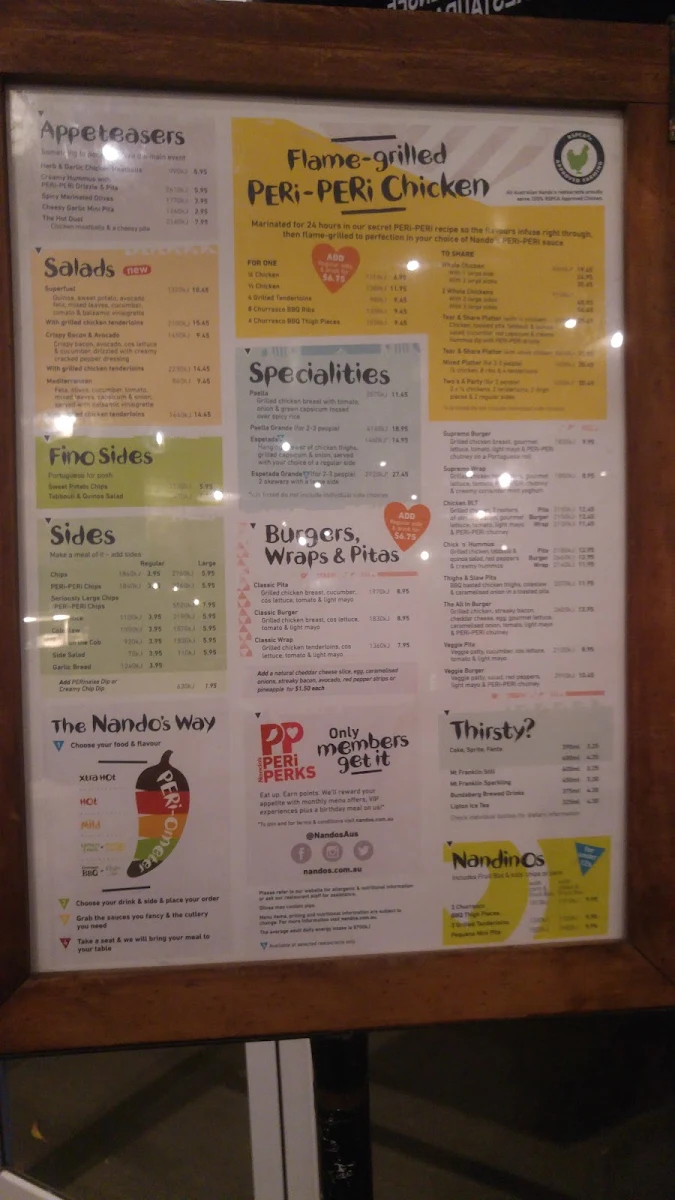 Menu, Nando's Alexandria