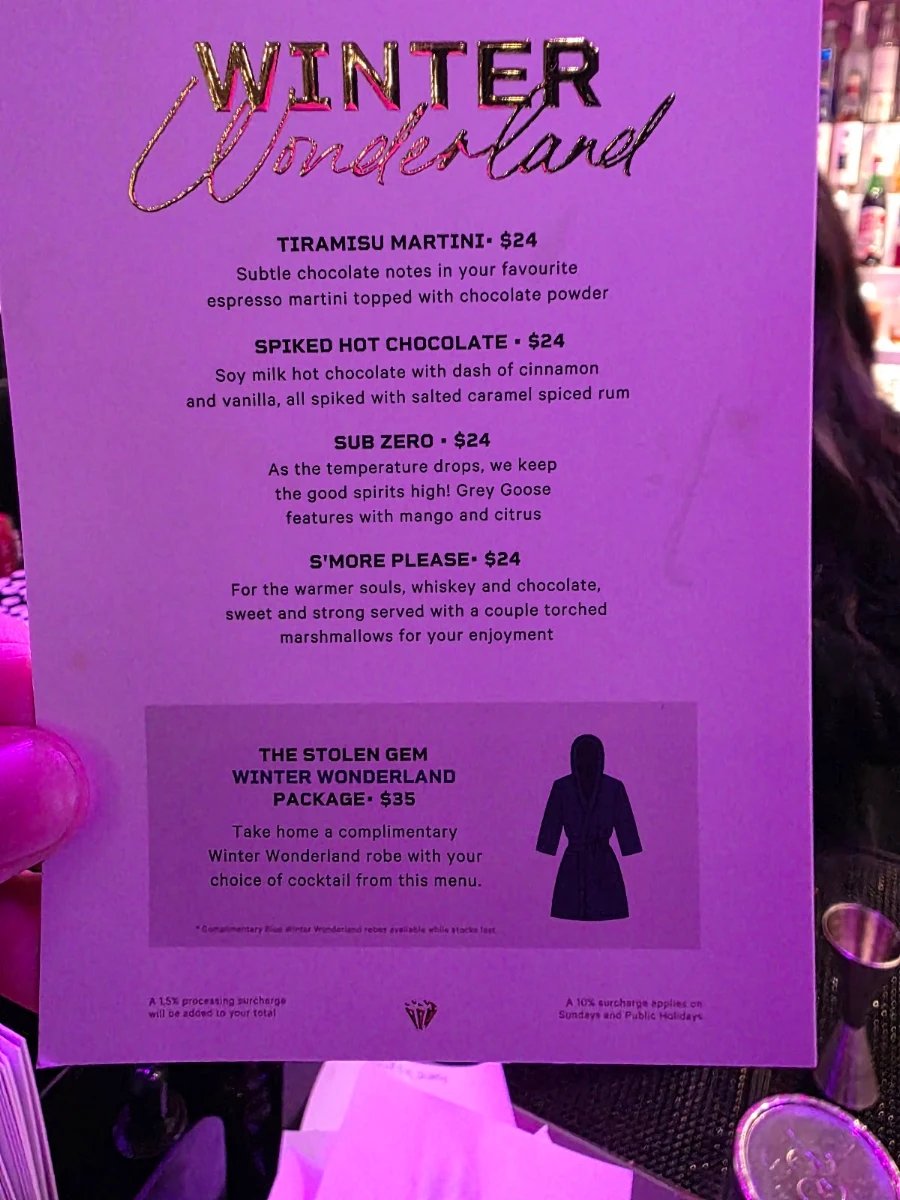 Menu, The Stolen Gem Rooftop Bar