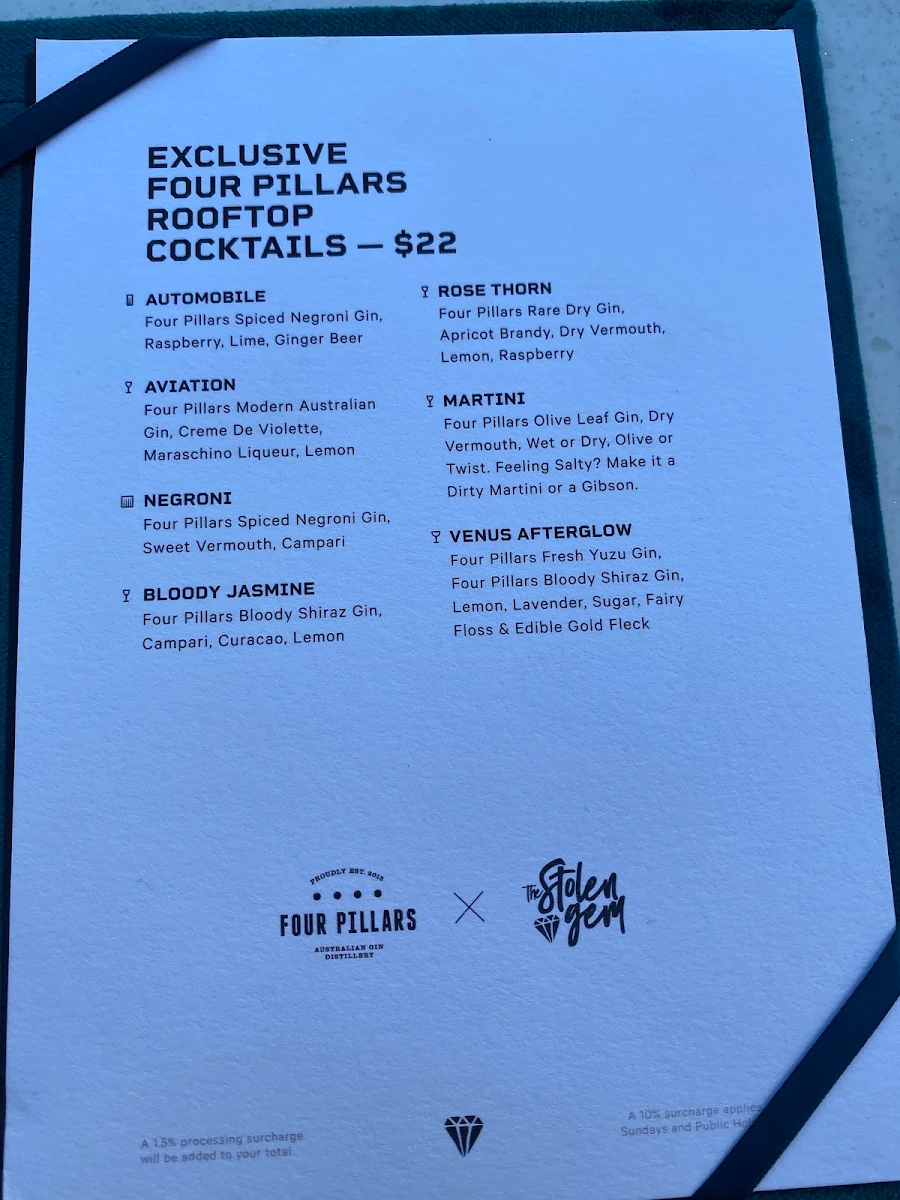 Menu, The Stolen Gem Rooftop Bar