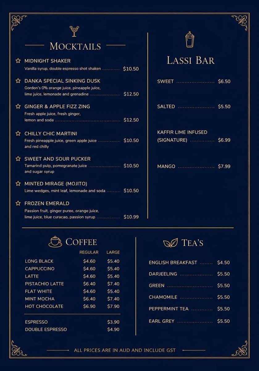 Menu, Danka Cafe & Lounge