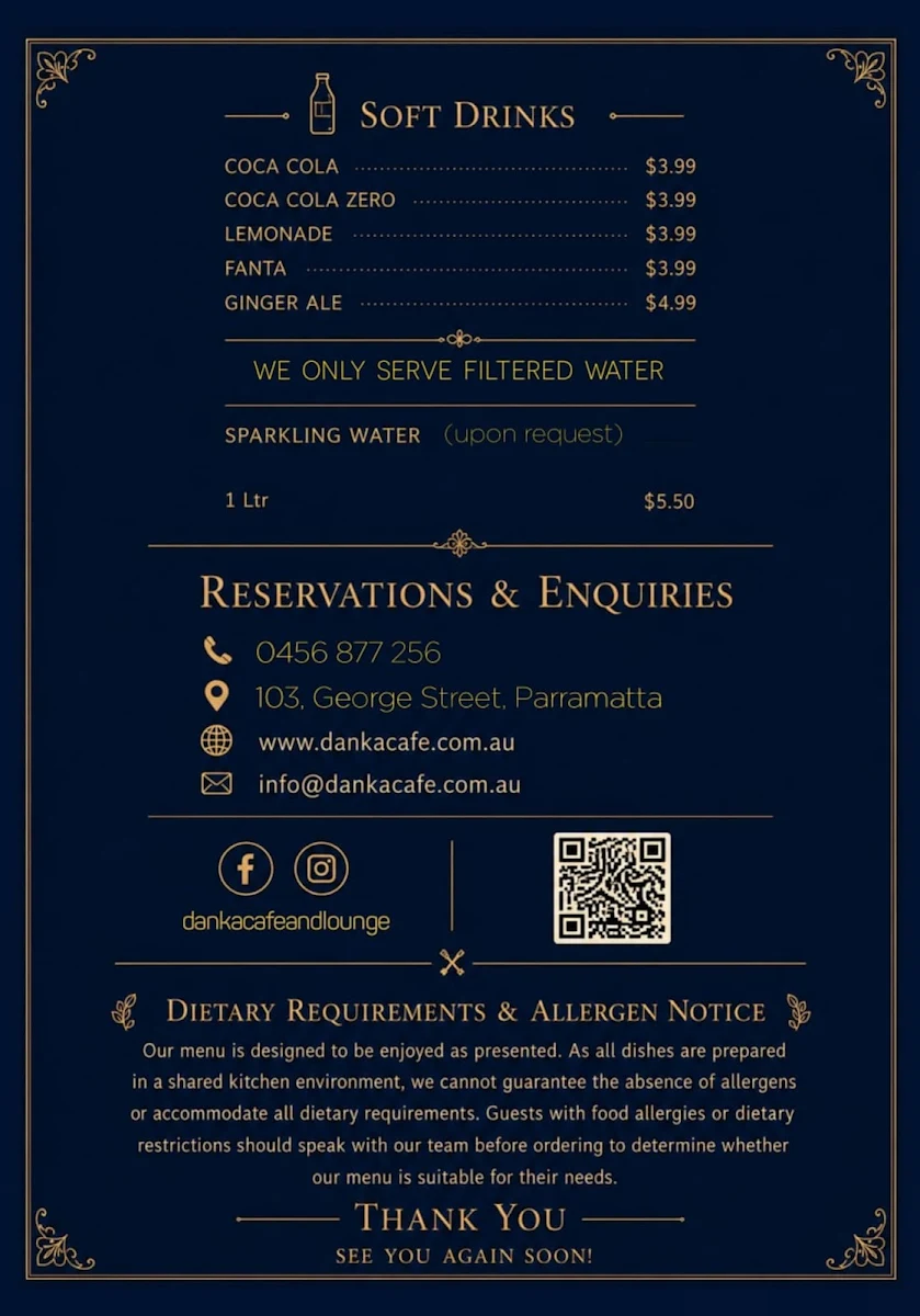 Menu, Danka Cafe & Lounge